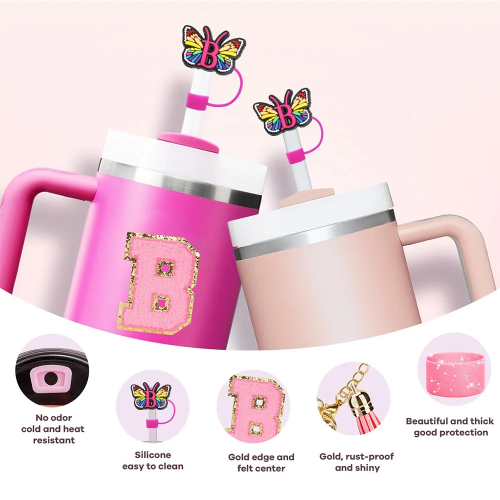 6PCS Cup Accessories Set for Stanley Cup 30oz 40oz, Tumbler Initials Decorations, Including Silicone Straw Cover Cap,Sticker