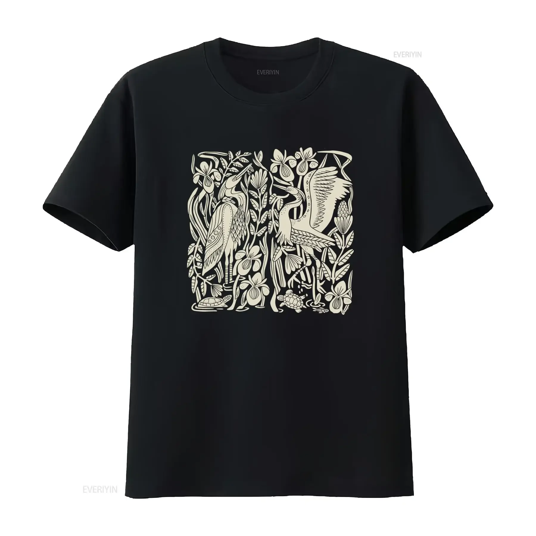 Men'S Great Blue Heron Linocut Bird Art T Shirt Black with White Print Casual Round Neck All Season Comfort Fit Nature vintage