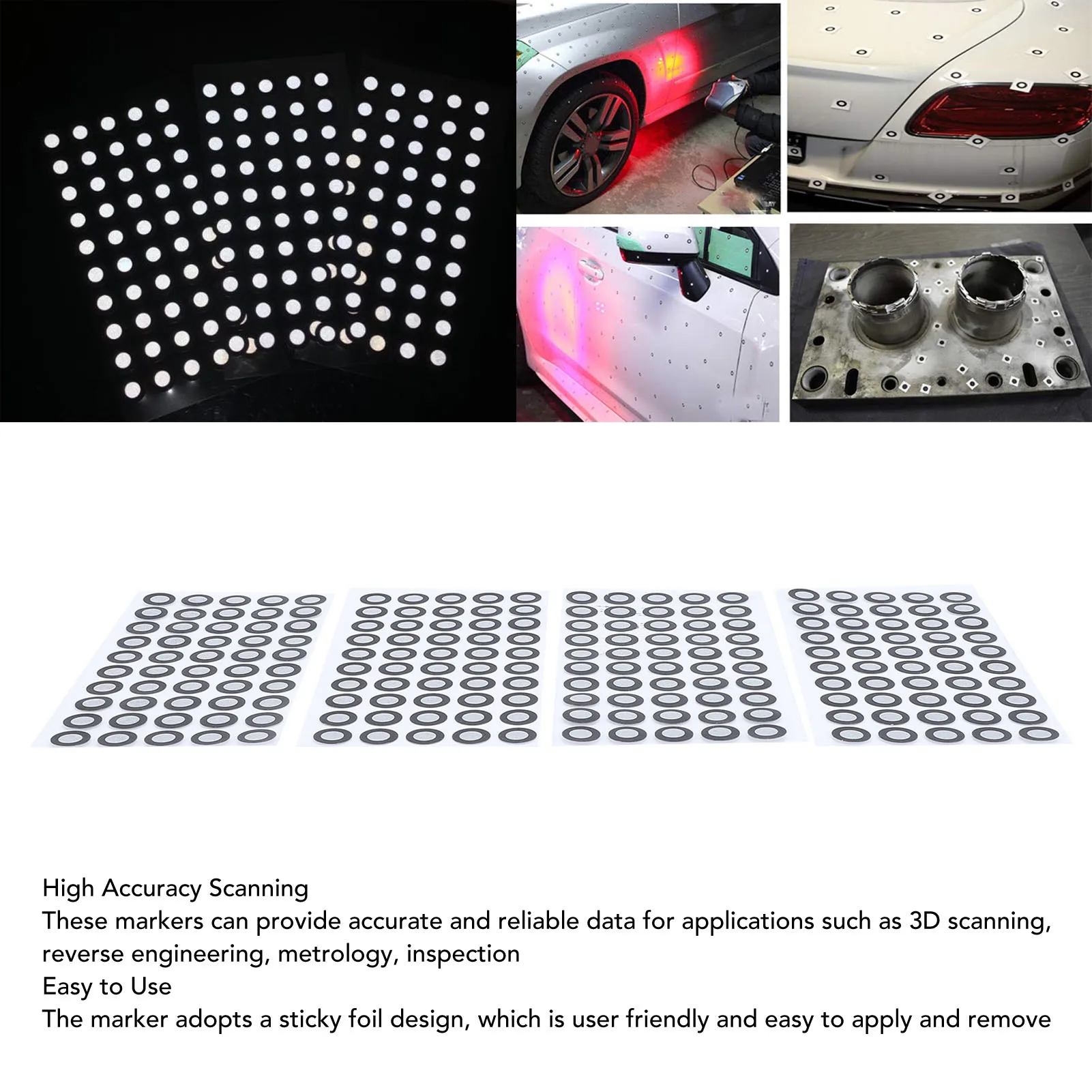 3D-Scan-Marker, hohe Reflexion, Helligkeit, 3D-Tracking-Punkt, reißfest, 6 mm Innendurchmesser, 10 mm Außendurchmesser, für die Erkennung umgekehrter technischer Bereich
