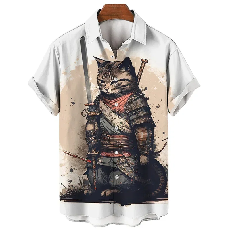 Fashion Men\'s hawaiian shirts 3D Print Japanese Camurai Cat Casual Shirts For Men summer short sleeve tee tops Aloha Shirts