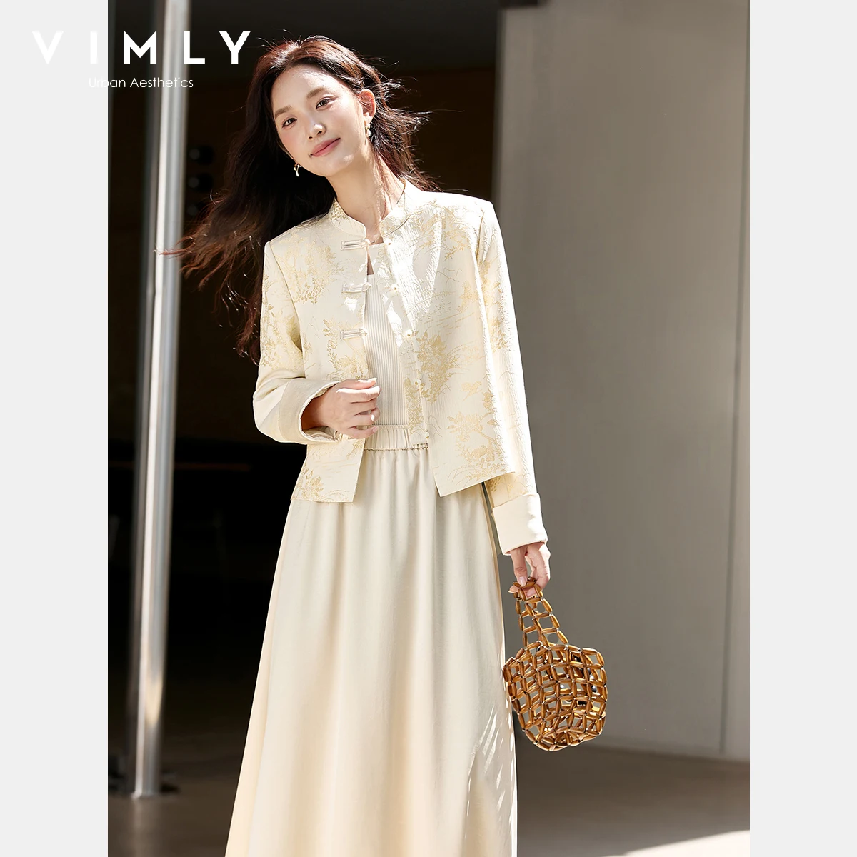 VIMLY Damen-Herbst-Zweiteiler-Set 2025, chinesischer Stil, Jacquard-Blumenmuster, Stehkragen, Tops, lange Röcke, elegante Frau, Rock-Anzug, A2876