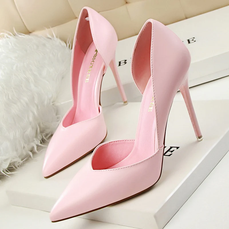 

Women Trendy Sweet Pink 9.5cm High Heels Pumps Female Elegant Wedding Valentine Shoes Lady Chic Side Cut-Out Pointed Toe Shoes
