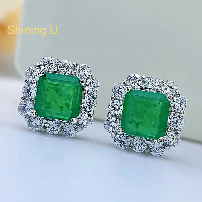 

Серебряные винтажные квадратные серьги-гвоздики Shining U S925 с изумрудами для женщин, изысканные украшения, летняя коллекция