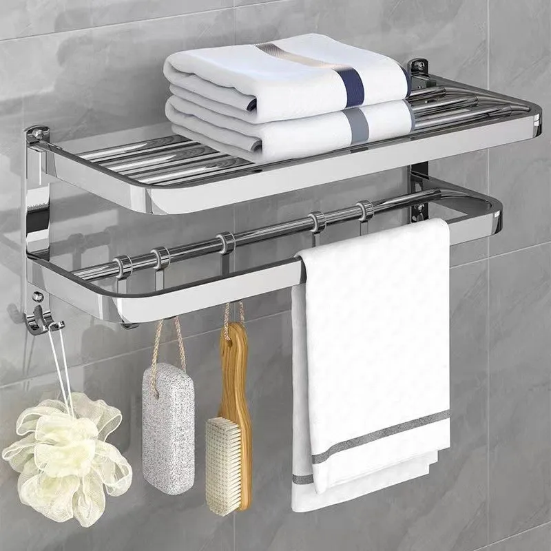 Toallero de acero inoxidable 304, estante de almacenamiento para el baño, estante de almacenamiento de toallas plegable sin perforación, colgante de Hardware para el baño