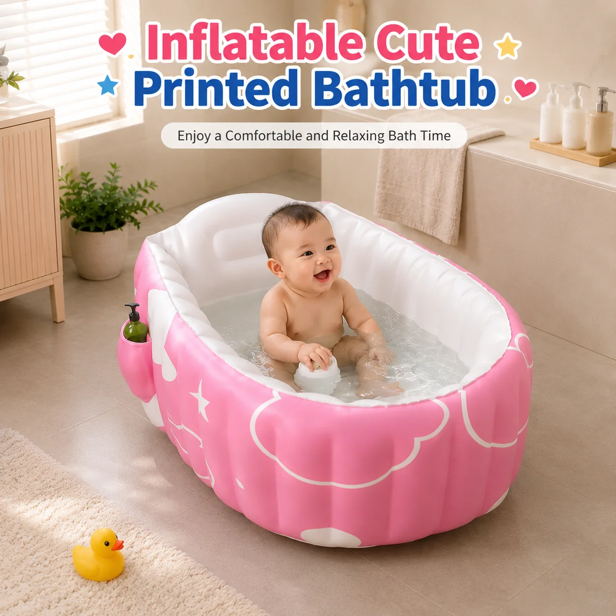 1pc Inflatable Bathtub with Built-in Air Pump, Portable Foldable Padded Bath Tub with Backrest and Side Pocket