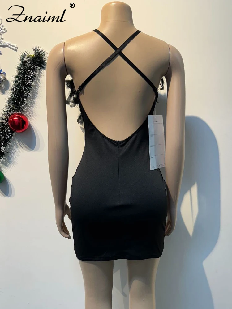 Znaiml pióra dżetów elegancka luksusowa głęboki dekolt w serek diamenty Bodycon Mini sukienka kobiety urodziny wieczór wieczór bal Vestidos