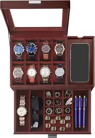 Glass Lid Watch Case with 8 Slots, Large PU Leather Storage Organizer for Men Women, Gift Idea
