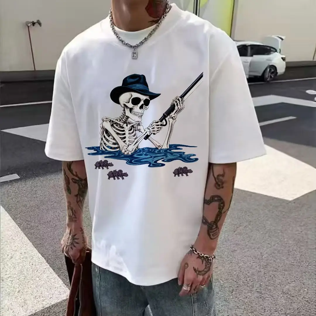 White T - shirt with Skeleton Graphic: Skeleton in Dark Blue Fedora Holding Rifle (Shotgun) Over Blue Wavy Water, Spider - Bug -