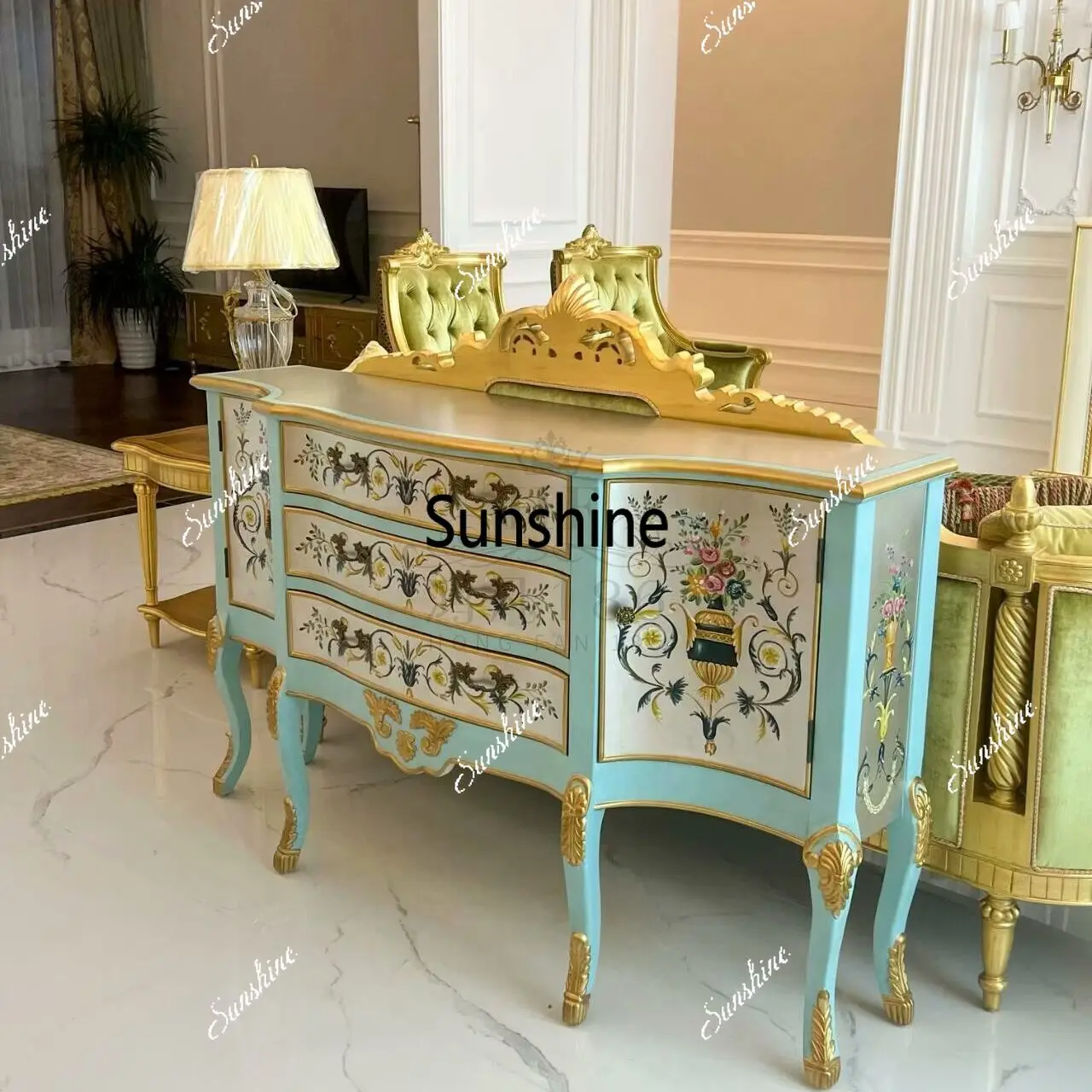 French romantic luxury solid wood fabric sofa carved villa high-end living room combination