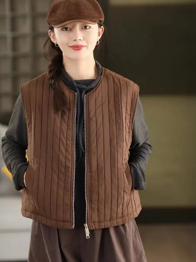 

Thiened Retro Quilted Women's Vest Outerwear Zipper Wirel Open Cardigan Sle Faionable Autumn Winter New Arrival