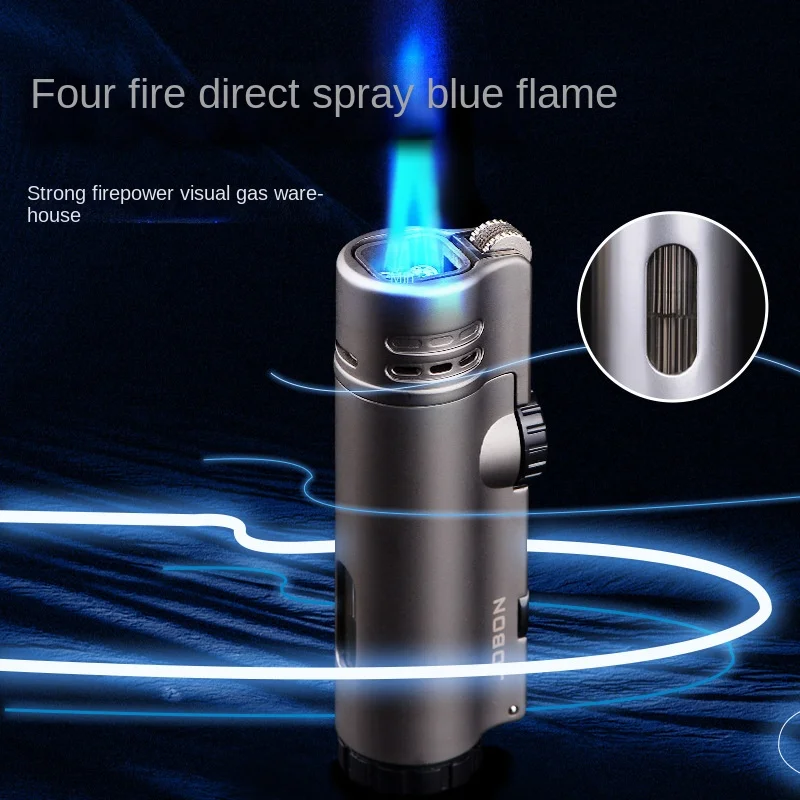 Creative Windproof Cigar Lighter with Box, Four Straight Into the Flame, Big Fire Smoke, Metal Gas With box