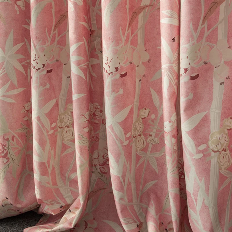 Oleander Fresh Pastoral French Country American Luxury Distressed Lotus Root Pink Velvet Curtains for Living Dining Room Bedroom