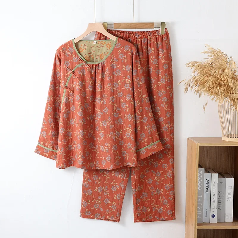Chinese-style Color-woven Jacquard Pajamas Cotton Double-layer Gauze Pijamas Women Long-sleeved National Style Loungewear Set_ecoleips.com