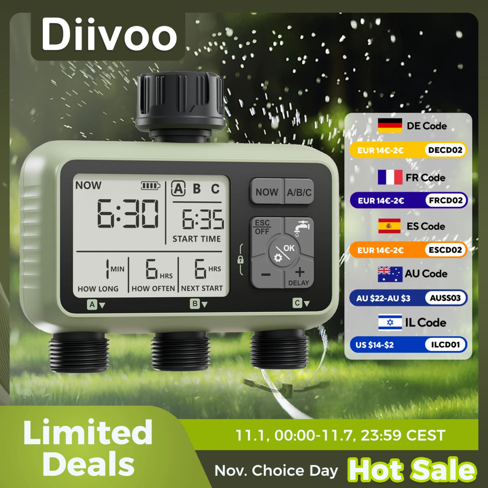 【セール中】Diivoo ガーデンウォータータイマー 3 ゾーンプログラム可能な自動灌漑タイマー 雨遅延付き 手動/自動モード芝生庭用散水