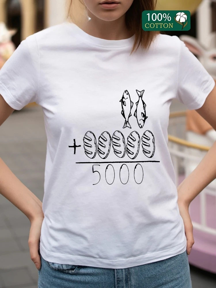 

Ladies' Pure Cotton T-shirt with Fish and Bread=5000 Fun Pattern Printed Soft Round Neck Short Sleeved Top for Casual Wear
