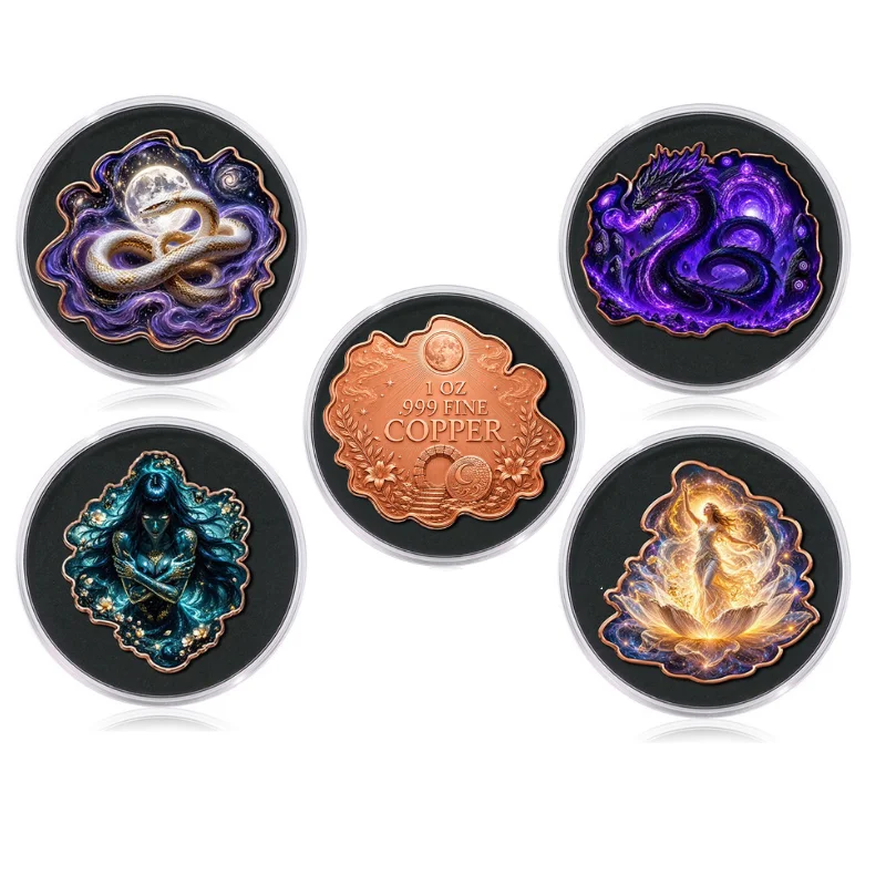1oz.999 Fine Copper Round Set Irregular Snake Dragon Goddess Lotus Relief Art Gold Purple Teal Glow Capsule Art Collectible Gift