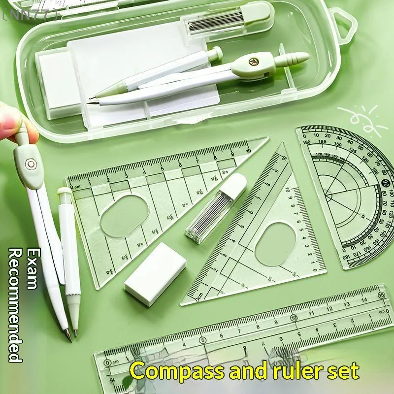 〔NN77〕8PCS/Set Plastic Ruler Compasses Set Eraser Transparent Protractor Set Square Straight Ruler Measuring Ruler School Office