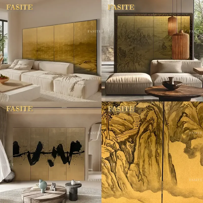 For Antique Gold Foil Foldable Solid Wood Screen Hand Painted Landscape Lacquer Partition for Living Room Tea Room