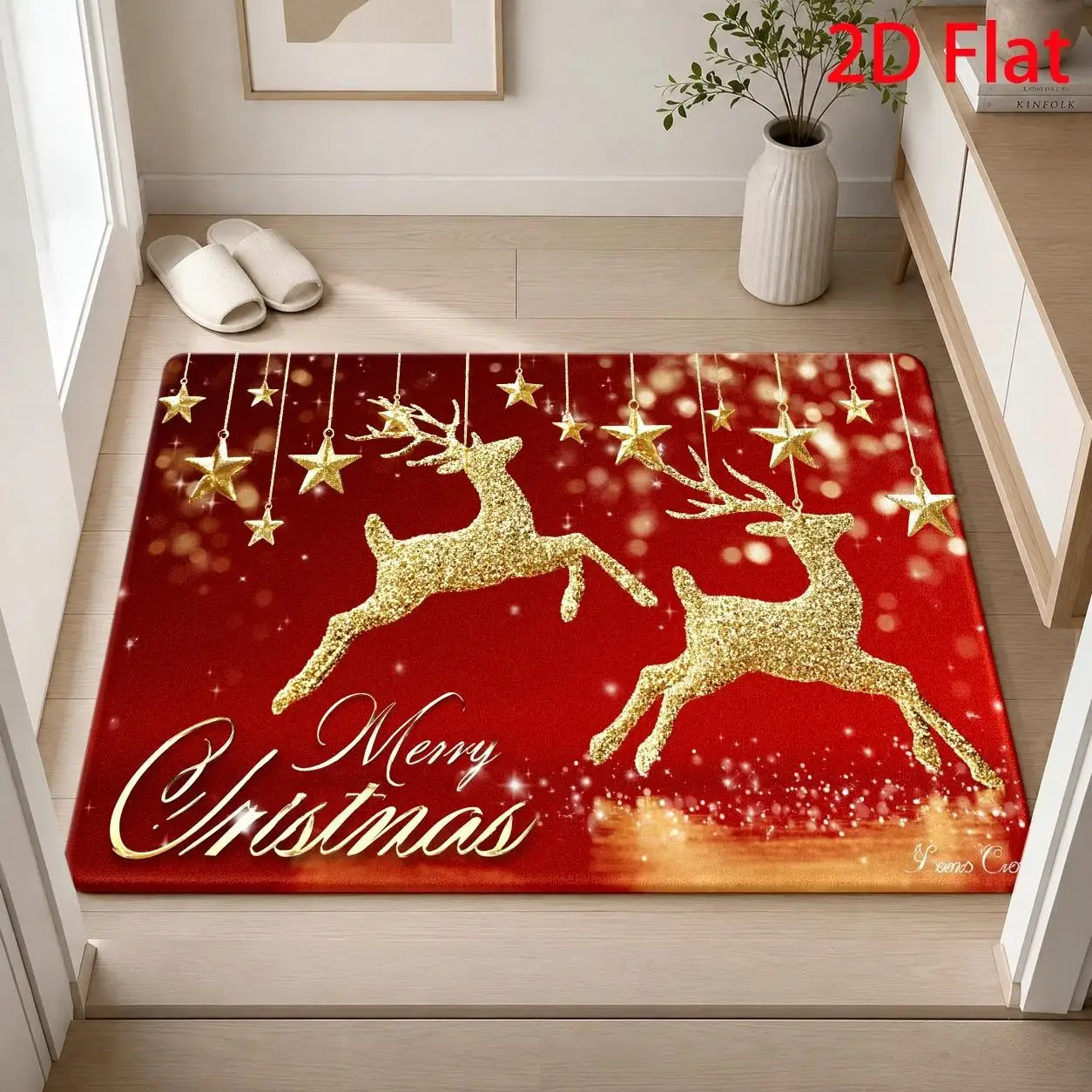 Golden Reindeer Xmas Doormat, Non‑Slip Entry Mat, Sparkling Star Ornament Design for Stylish Holiday Indoor Porch Ornament