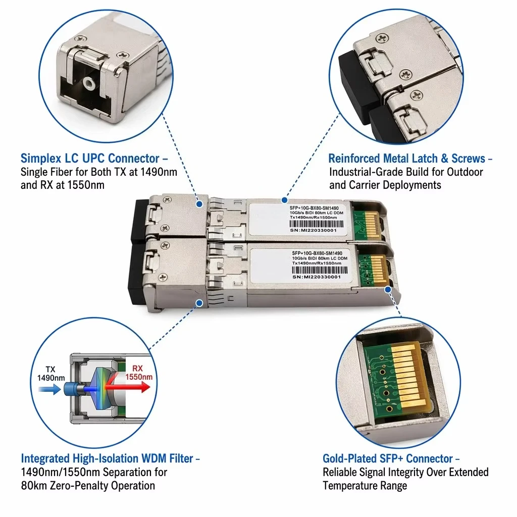 SFP+ 10G BIDI BX80 80km 1270/1330nm Simplex LC SMF DDM Transceiver Module High Performance for WAN Network for Cisco