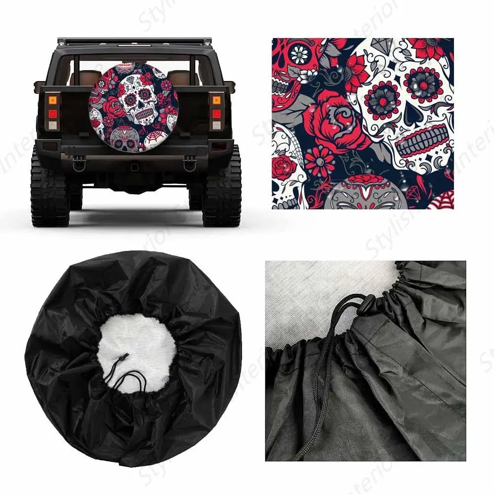 Skull Spare Tire Cover Day of the Dead Colorful Sugar Skull with Floral Ornament Flower Weatherproof Universal Wheel Protector