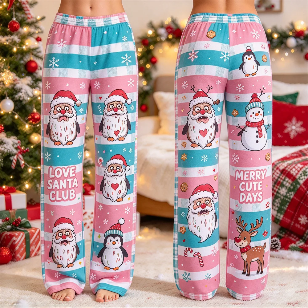 Women Vintage Plaid Christmas Graphic Long Pants Santa Snowman Loose Sleep Trousers Soft Lightweight Home Loungewear For Holiday