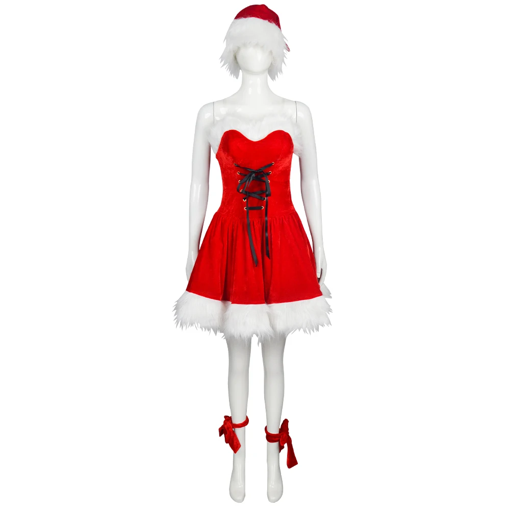 

Women's Santa Claus Costume Sexy Red Dress Lady Christmas Slim Fit Dreses Party Celebration Suit With Straps Bow Decoration