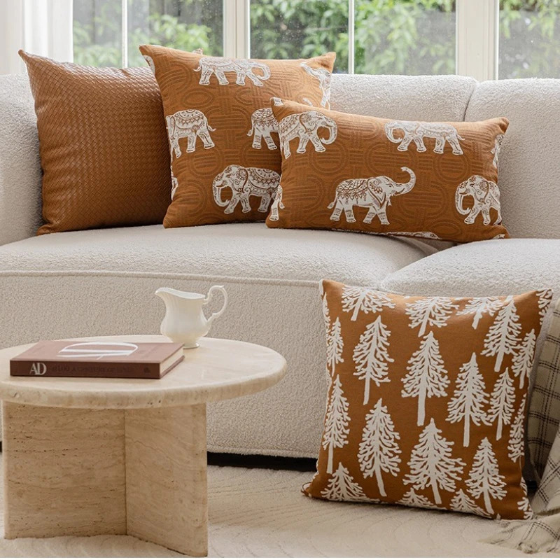 Luxury Geometric Jacquard Cushion Covers Premium Orange Brown Modern Minimalist Home Decor High-End Designer Throw Pillow Covers