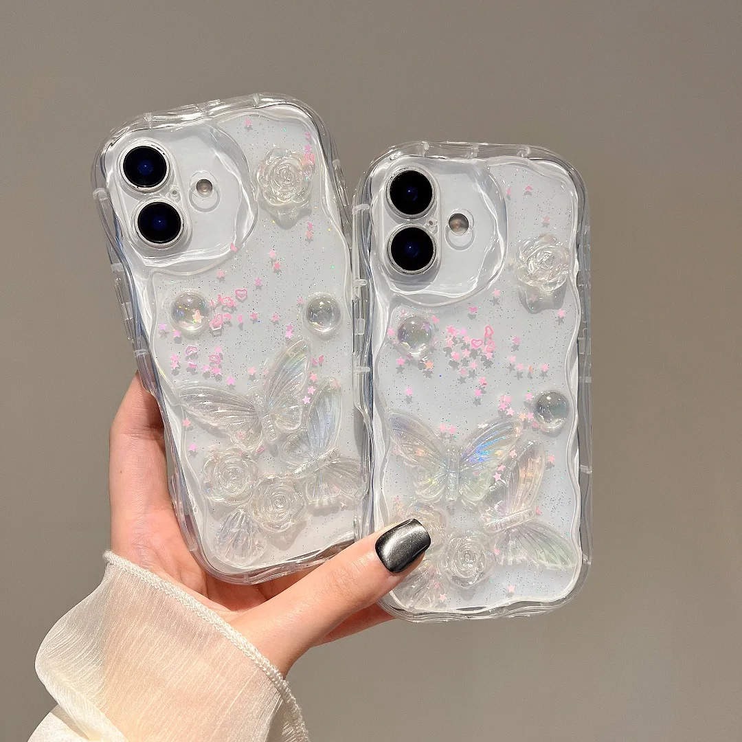

Stylish Fashion Cute Butterfly Rose Elegant Glitter Phone Case for iPhone 16,15,14,13,12,11 Pro Max Plus Anti-drop Bumper Cover