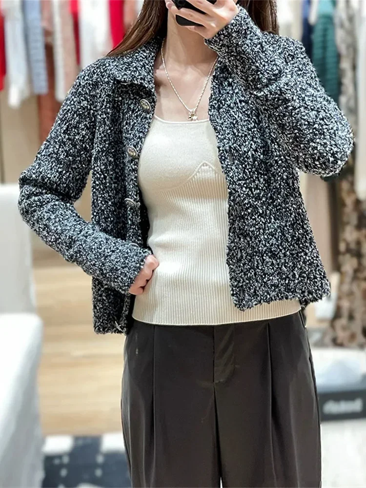

Mixed Color Women Half Turtleneck Sweater Top Front and Back Wearing Single Breasted Lady Knit Cardigan Fall 2025