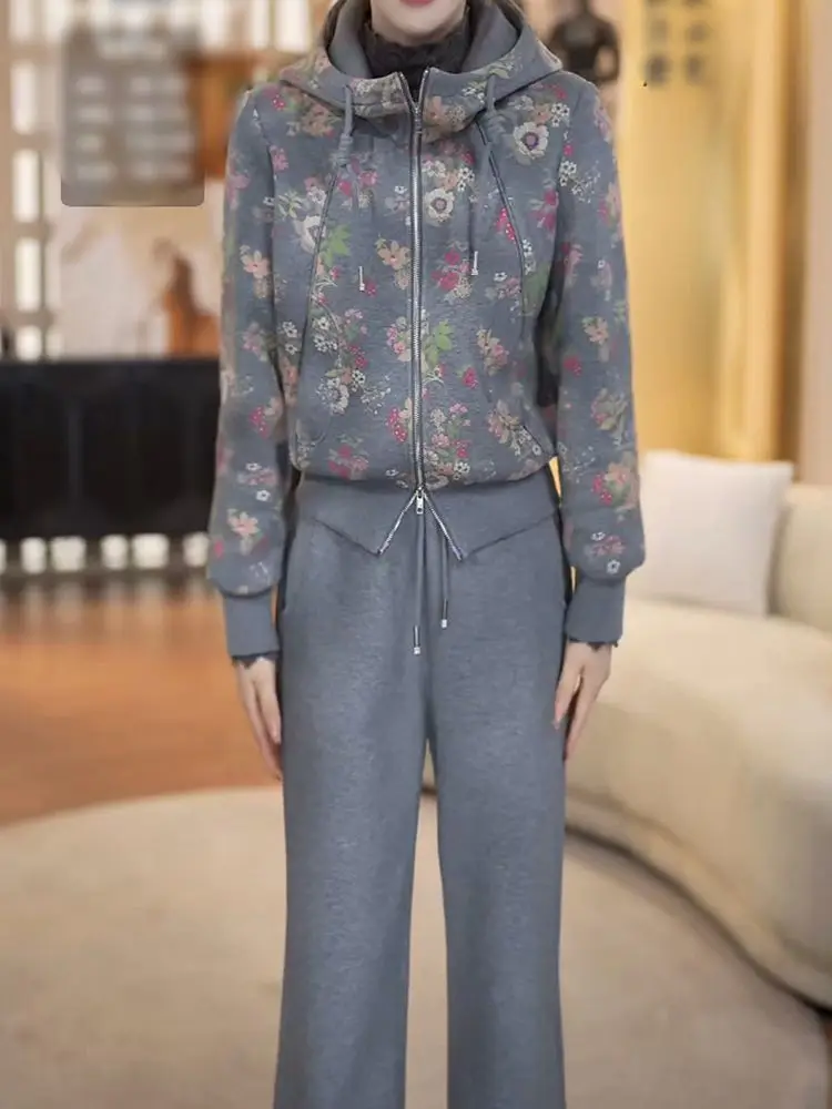 

2025 Autumn and winter new design sense versatile printed hooded jacket+thick fleece pants fashion sports two piece set