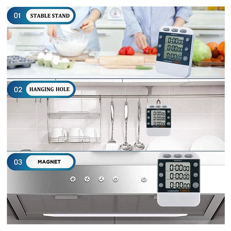 2X Digital Dual Kitchen Timer, 3 Channels Count UP/Down Timer, Triple Cooking Timer, Large Display, Loud Volume Alarm