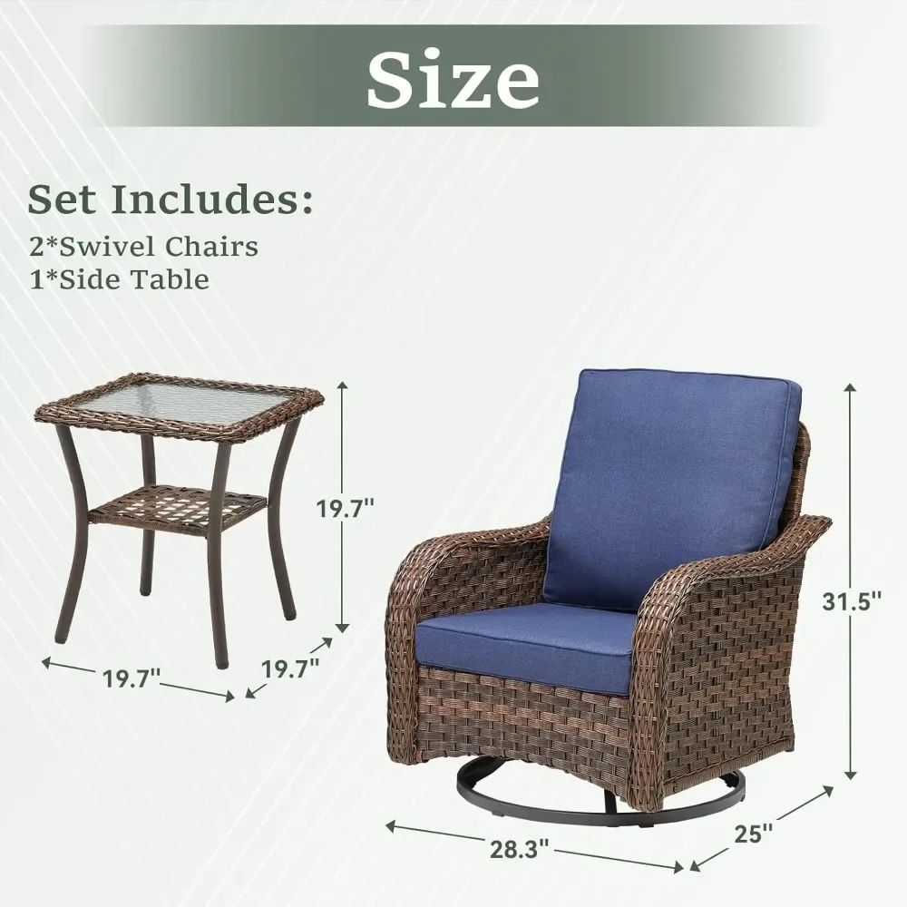 Swivel Rocker Patio Chairs, Rocker Swivel Patio Set 3 Piece with Side Table, Deep Seat Rattan Rocking Chair with Cushions