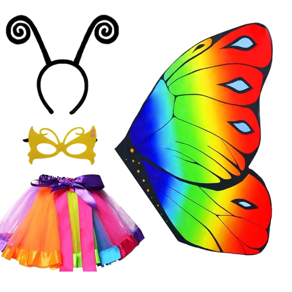 4 pieces of colorful children\'s and girls butterfly princess costume set, stage costumesheadbandsmasksrabbit skirts