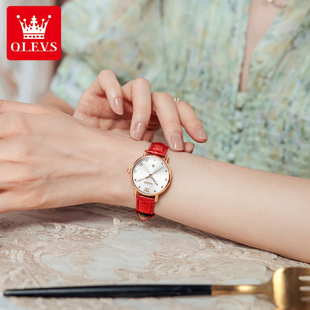 OLEVS reloj minimalista para mujer, marca superior, reloj de pulsera de cuarzo a la moda de lujo, correa de cuero, relojes luminosos impermeables para mujer