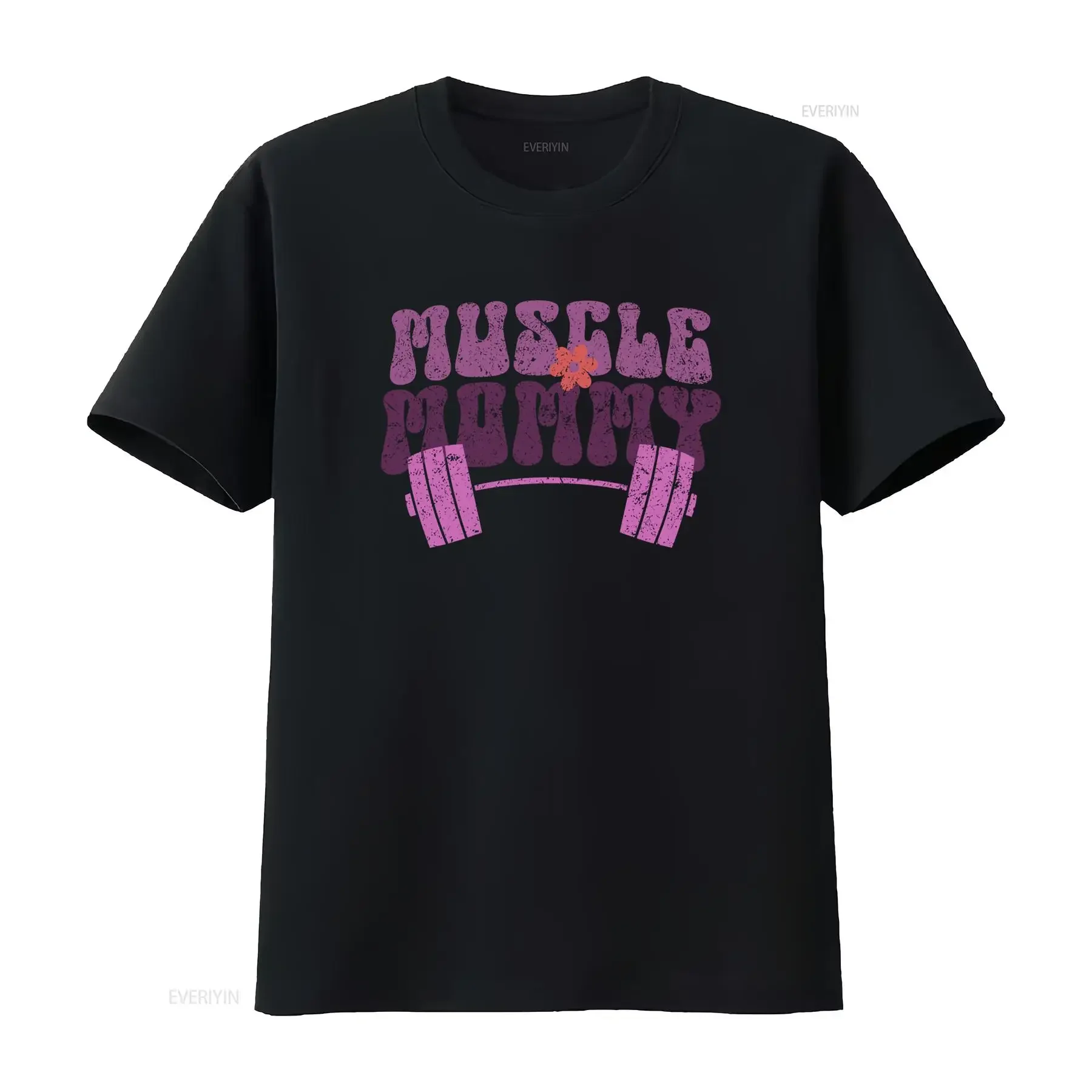 Retro Muscle Mommy Dumbbell Flower Print Gym Fitness Casual T Shirt vintage Washed Soft Versatile designer clothes Breathable