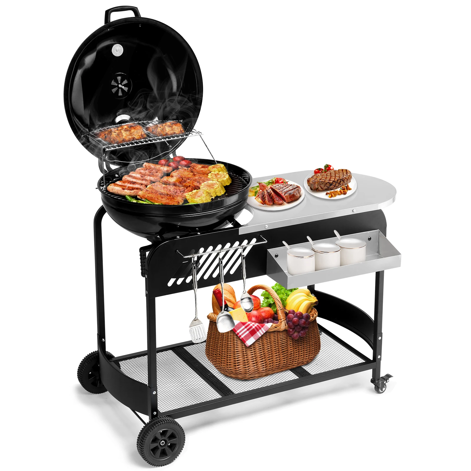 110*45*110cm Portable Charcoal Grill with Wheels and Sidetable, Large BBQ Smoker with Adjustable Vents on Lid