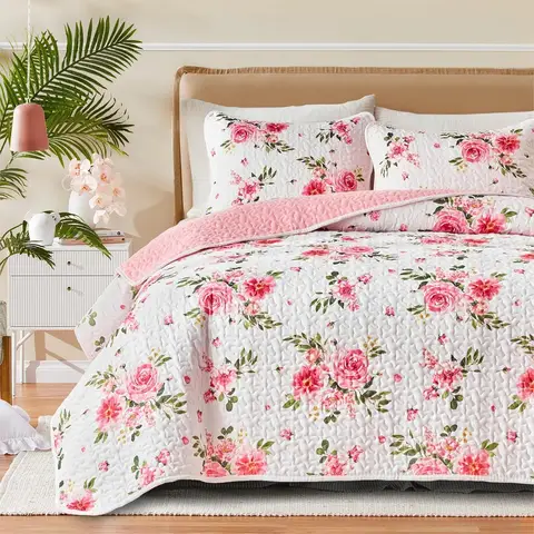 Floral Quilt Set 3 Pieces Queen Size White Pink Flower Soft Microfiber Lightweight Summer Reversible Coverlet Bedspread for All