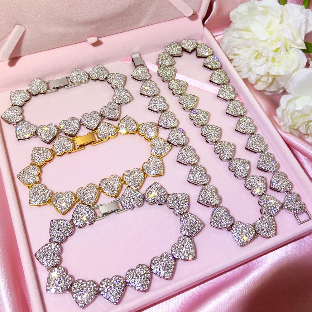 Bling Luxury Paved Crystal Heart Cuban Link Chain Necklace for Women Hip Hop Iced Out Round Square Tennis Chain Choker Jewelry