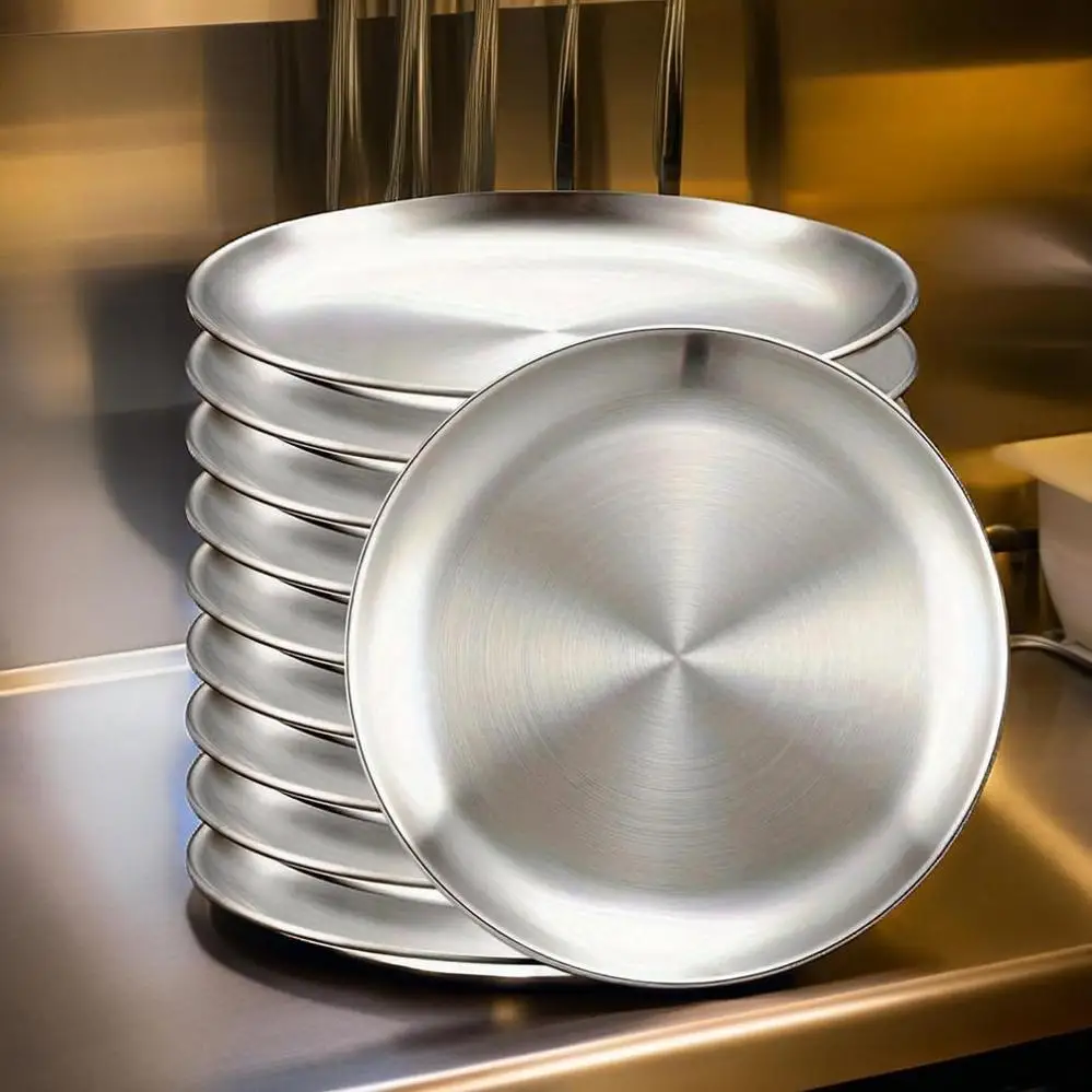 14 سنتيمتر أطباق من الفولاذ المقاوم للصدأ قابلة لإعادة الاستخدام أواني الطعام تكويم طبق تقديم طبق عشاء معدني مستدير للشواء الحلوى في الهواء الطلق