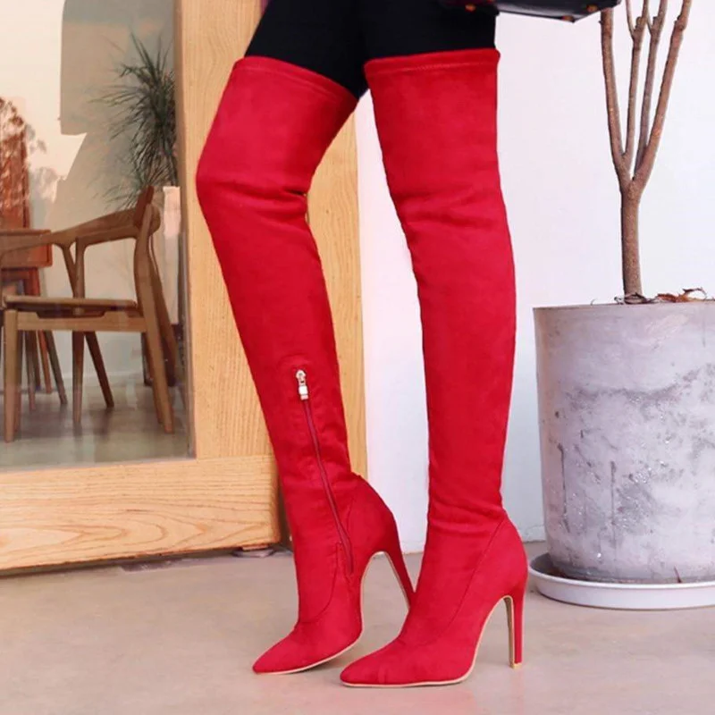 Black Stretch Boots Suede High Heels Pointed Thigh High Boots Size Zipper Over The Knee Boots Sexy Women Shoes