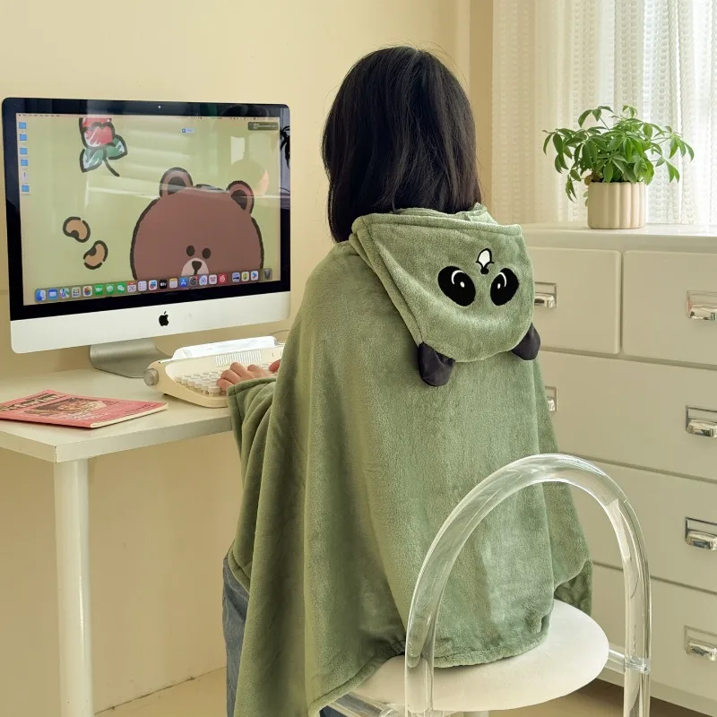 Milk Fleece Shawl Blanket Women's Winter Fleece Thickened Cloak Small Blanket Nap Office Blanket Hooded Cape