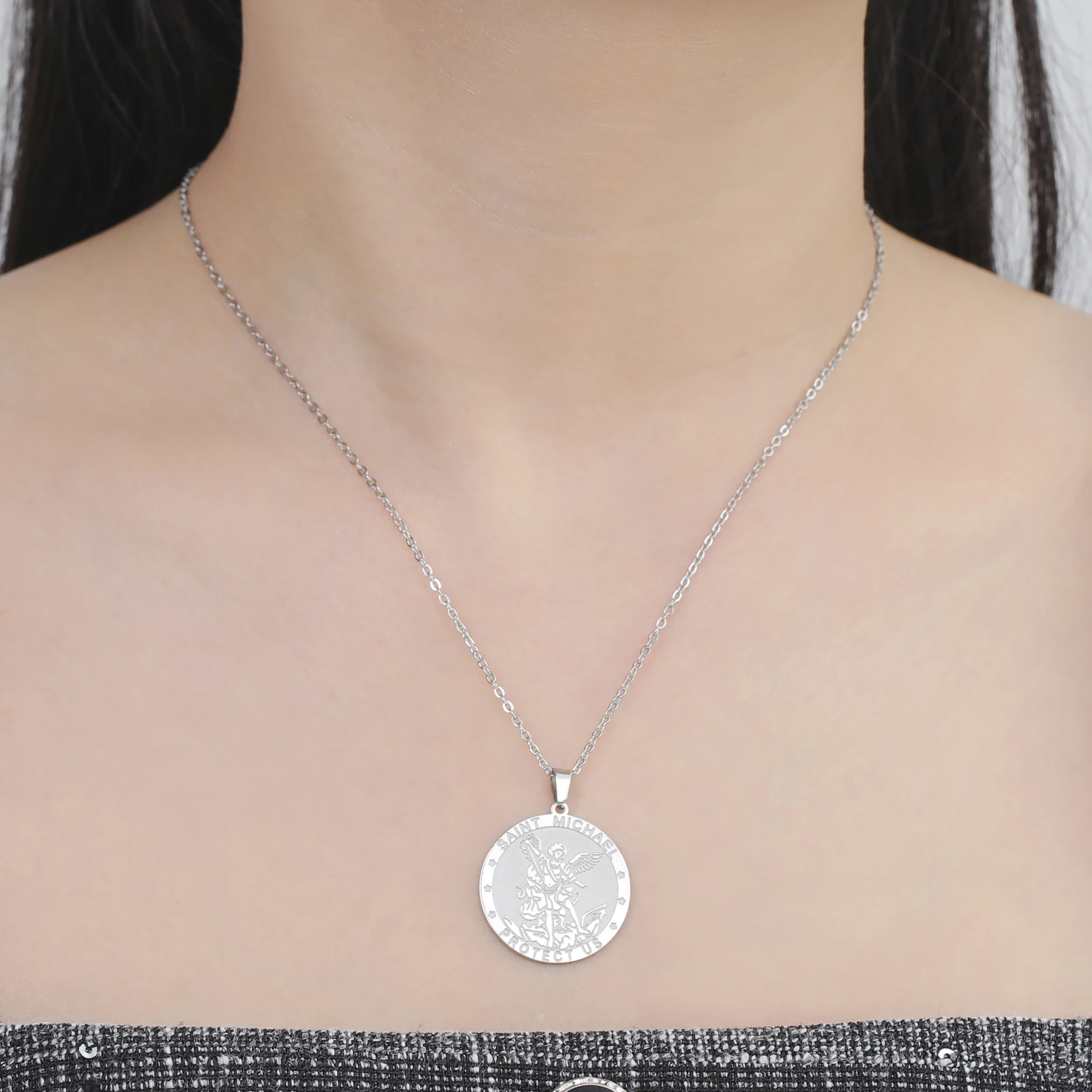 على الوجهين سانت مايكل الصليب قلادة قلادة خمر النساء الفولاذ المقاوم للصدأ المختنق الجارديان رئيس الملائكة حماية لنا المجوهرات #5