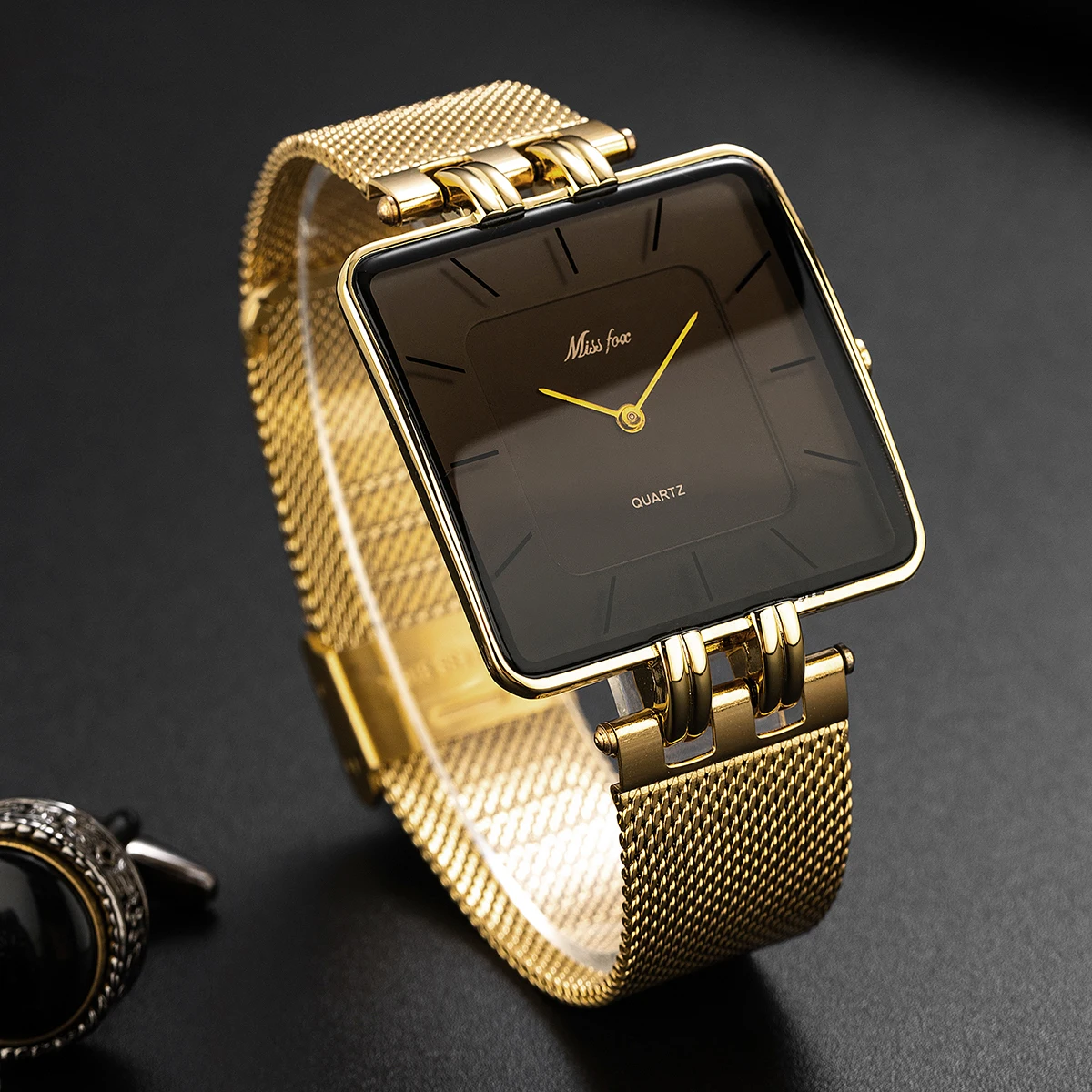 2024 MISSFOX Casual Simply Watches Men Fashion Mesh Strap Square Quartz Clock Male Minimalist Style Gold Wristwatch Reloj Hombre