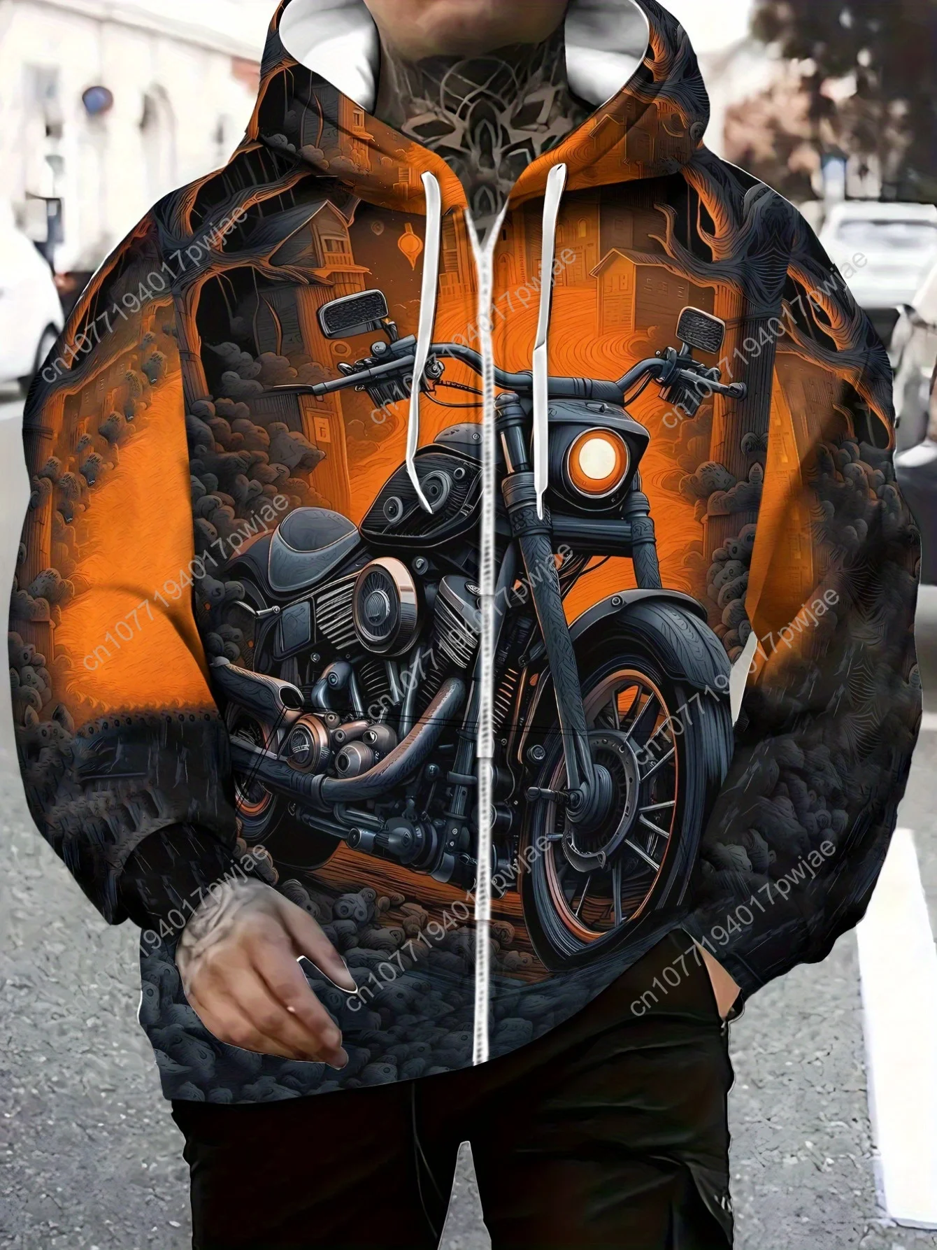 Moletom masculino estiloso com estampa de motocicleta – poliéster durável, leve e respirável, laranja com detalhes pretos, design com zíper para