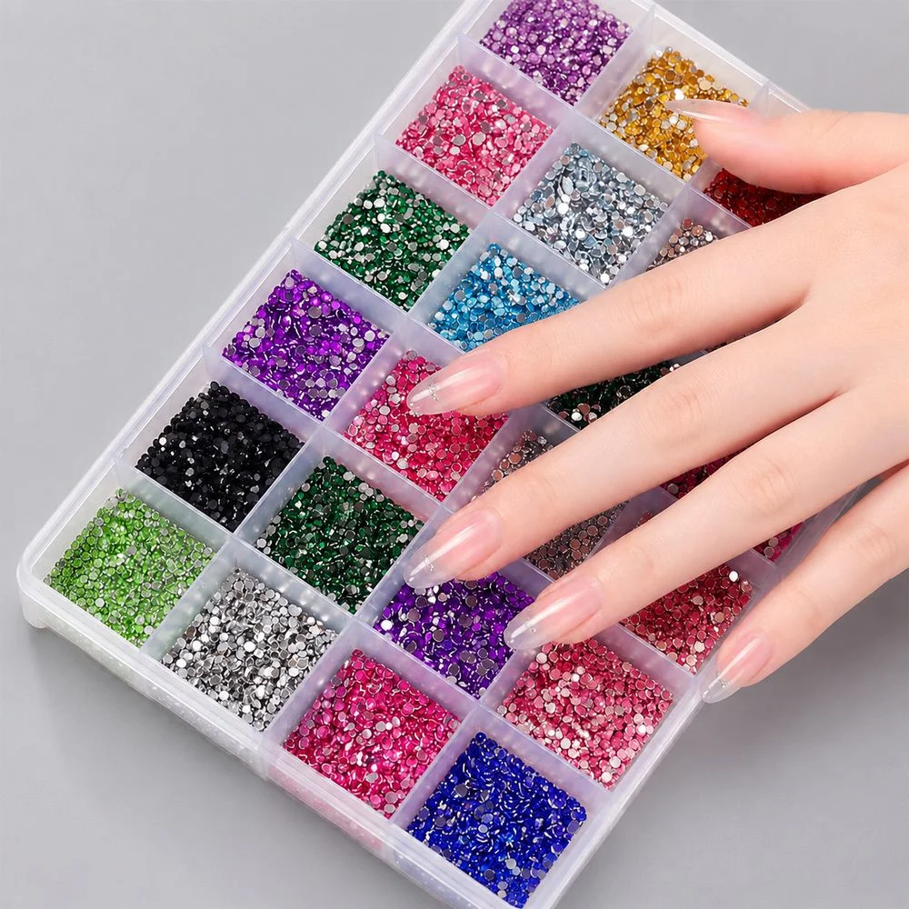 24Grids Multi‑Color Resin Flat Back Rhinestones Round Crystal Gem Nail Charms Assorted Size Beads For Manicure Design Craft Work