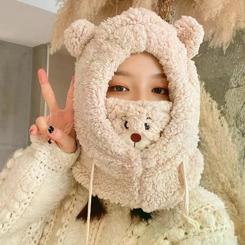 Winter Cartoon Hat With Mask Bear Lamb Beanie Hats Warm Thickened Ear Protection Skullies Beanies for Women Girl Kawaii