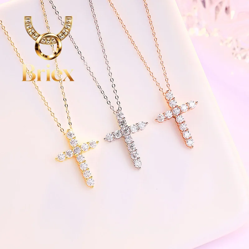 Briex Jewelry Luxury Solid Platinum PT950 Moissanite Cross Pendant Necklace Women's Full Diamond Pendant Clavicle Chain