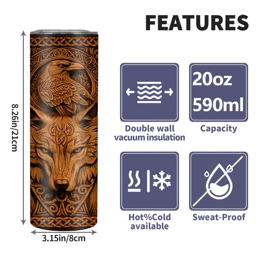 1pc/20oz/590ml/Double Wall Stainless Steel Insulated Skinny Tumbler with Straw And Lid,Outdoor Travel Coffee Mug, Viking Wolf Design, Perfect for Birthday And Holiday Celebrations,Valentine's Day Gifts,Mother's Day Gifts,Easter Gifts
