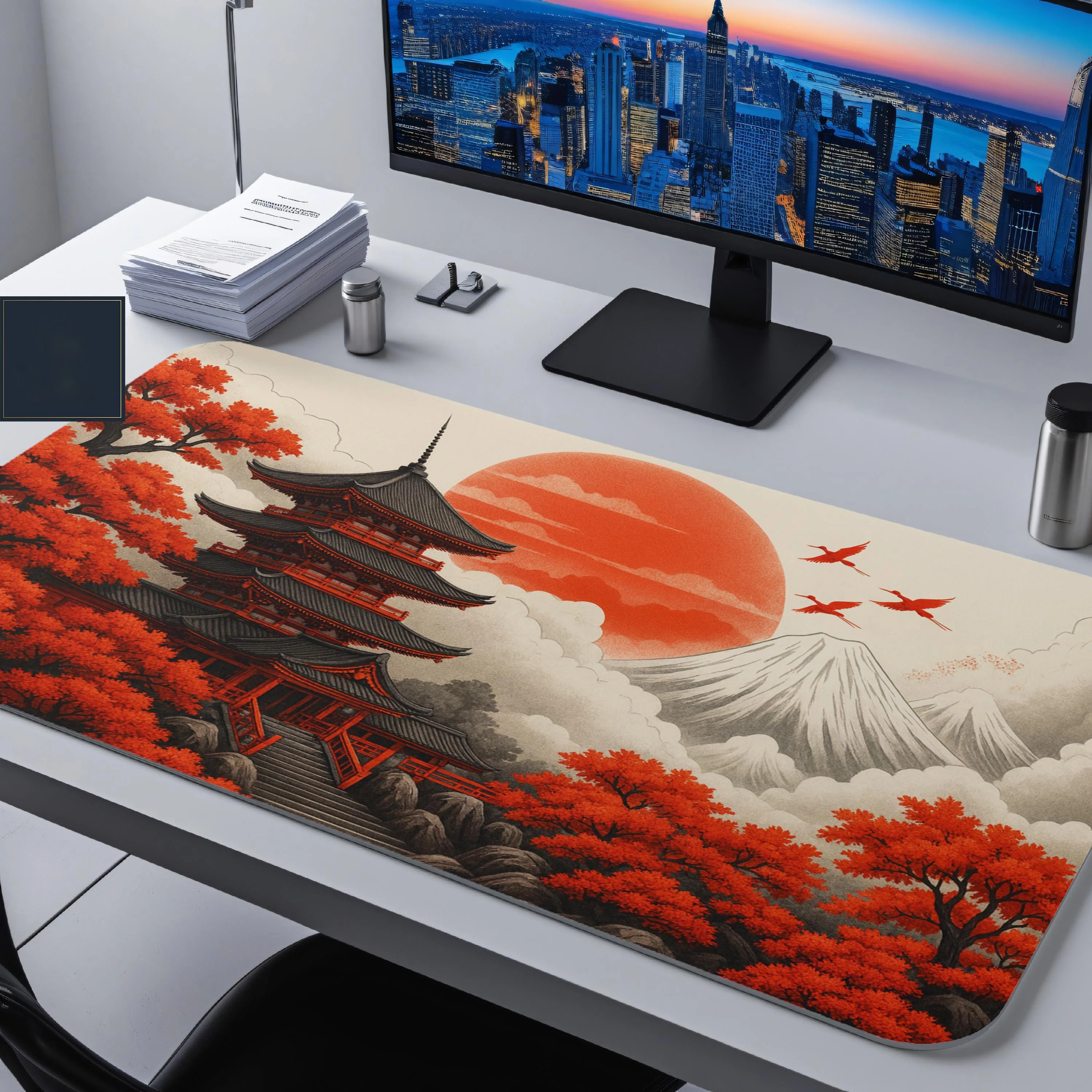 Alfombrilla de escritorio de templo japonés, alfombrilla de ratón para juegos antideslizante e impermeable, bonita alfombrilla protectora de escritorio, un regalo ideal para amigos.